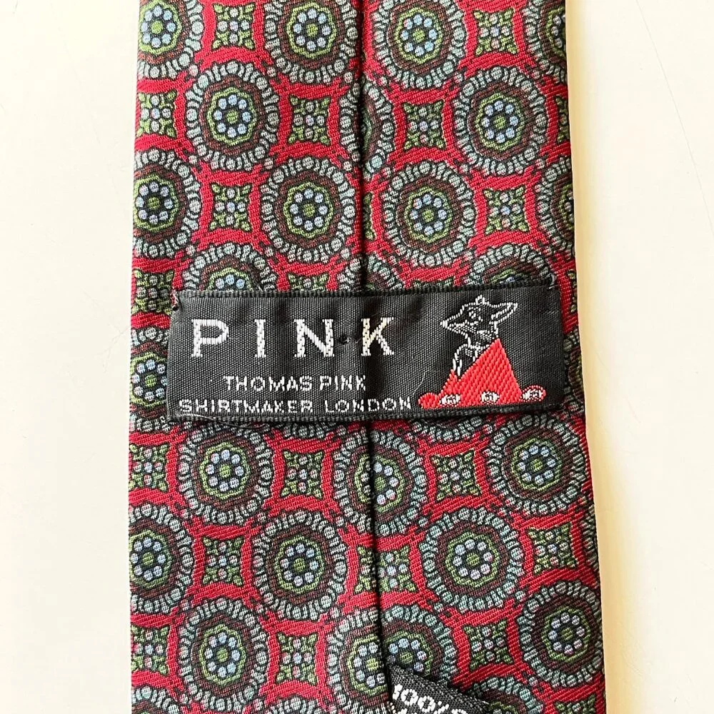 Men's Thomas Pink London Silk Designer Red Blue and Green Geometric Necktie Tie